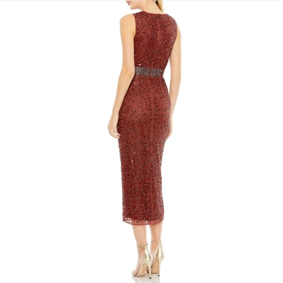 NEW $398 Mac Duggal [ 10 ] Geometric Beaded Midi Cocktail Dress in Brick‎ - Picture 14 of 14
